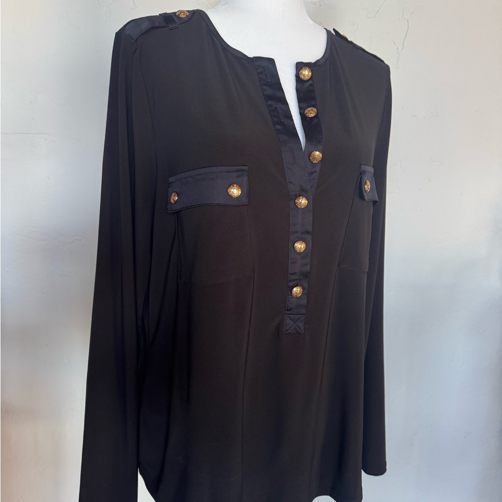 WHBM XL black blouse with gold buttons